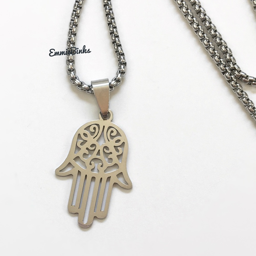 New Unisex Stainless Steel Hamsa Hand Hollow Out Scroll Pendant Necklace